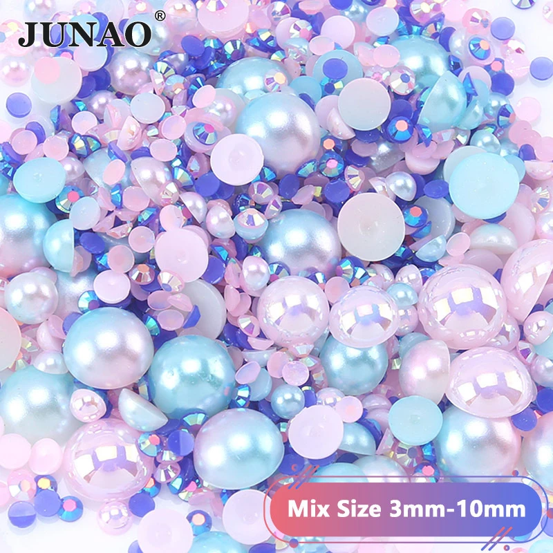 JUNAO Pearls Mixed Size 3-10mm Mix Candy Color Flatback Pearls Child Accessories Mixed Resin Rhinestones For Dress Nail Art