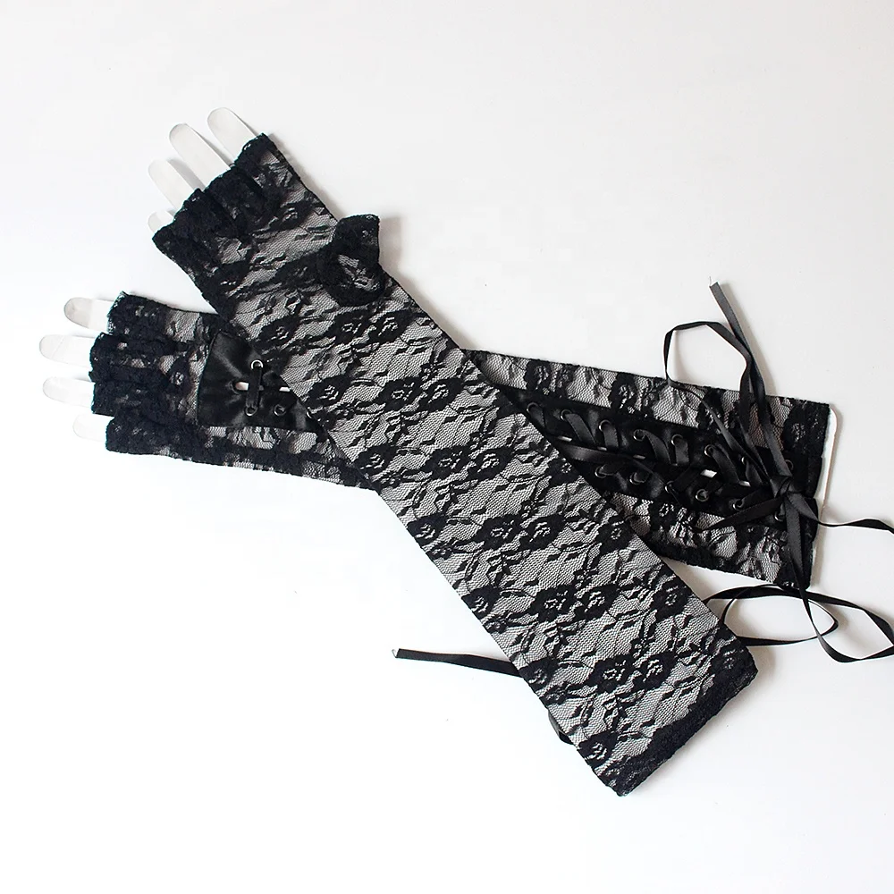 Ladies Sexy Lace Strap Bridal Gloves Long Seductive Ribbon Rivets Half Finger Bar Dance for Nightclub COS Gloves