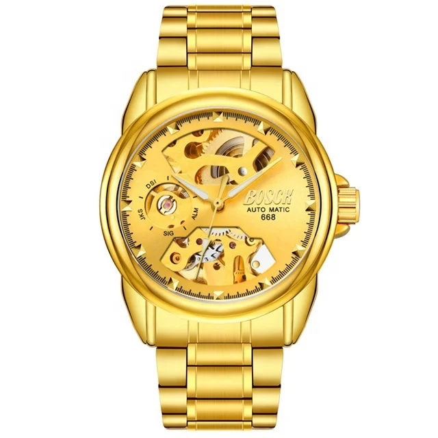 Mens gold stainless steel bosck 668 skeleton automatic watches