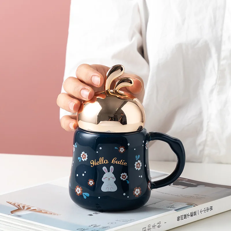 Creative personalized cute animal cartoon rabbit ceramic mug mirror kids coffee cups and funny mugs unique for children and girl