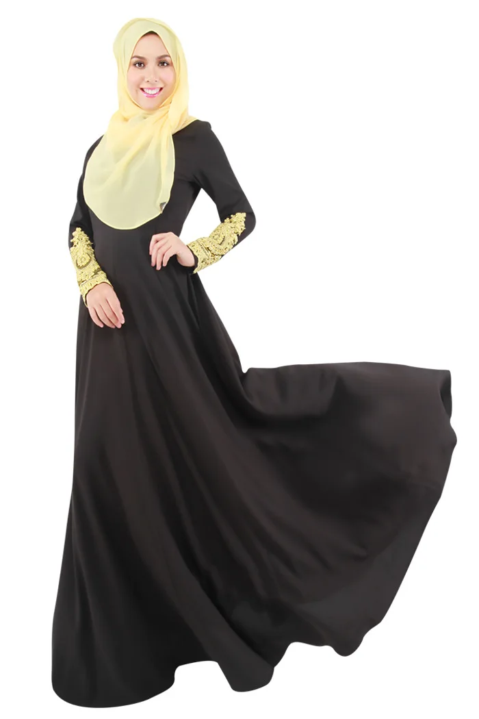 Solid Color Dubai Islamic Muslim Women Chiffon Pleated Embroidery Lace Sleeve Long Dress