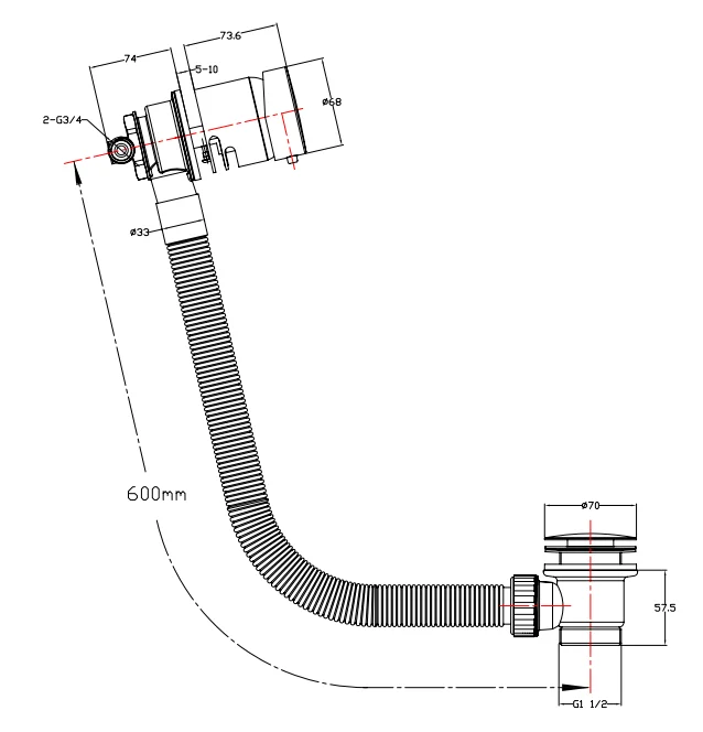 Brushed brass temperature control bath filler with clicker waste