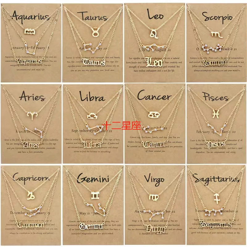 Amazon Hot sale Fashion Jewelry Gold plated 12 Zodiac Signs Retro Alphabet Symbol Three Layer Card Necklace