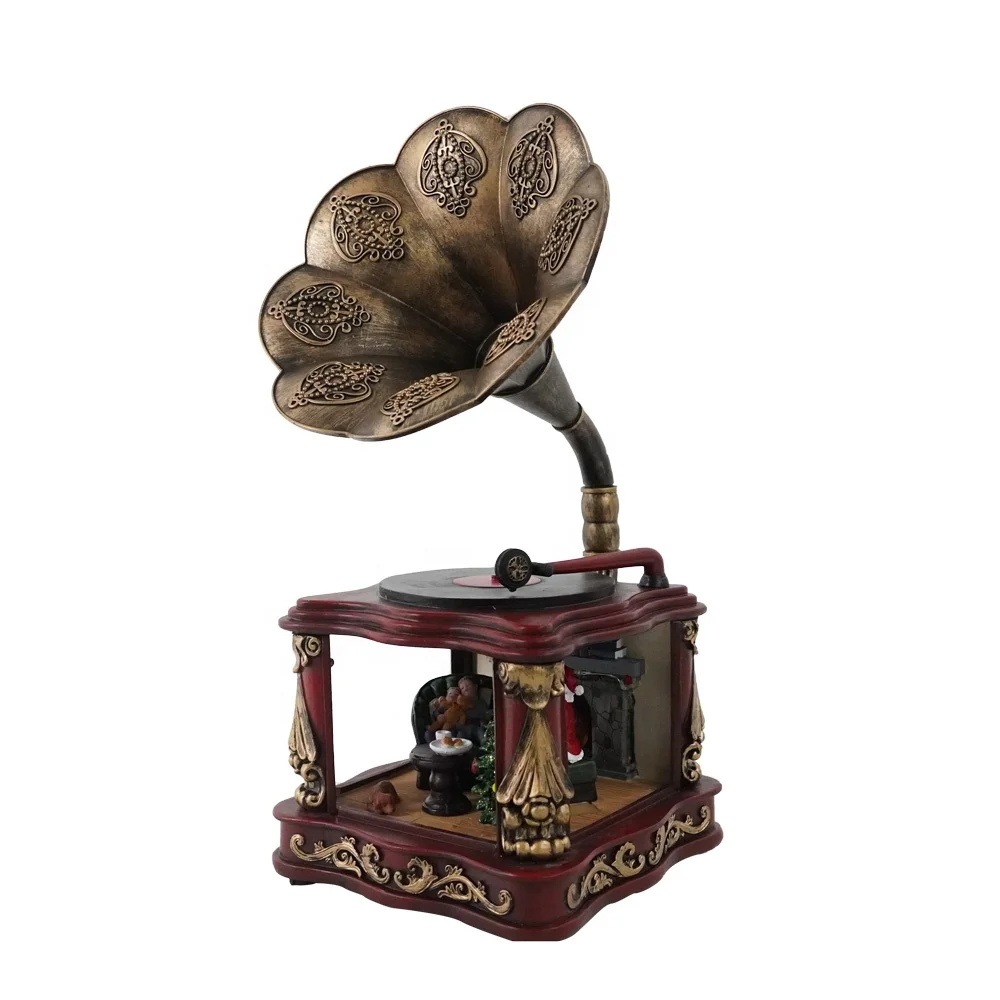 Wholesale new arrive noel Xmas scene Led light up musical resin Phonograph Christmas Decoration with christmas tree inside