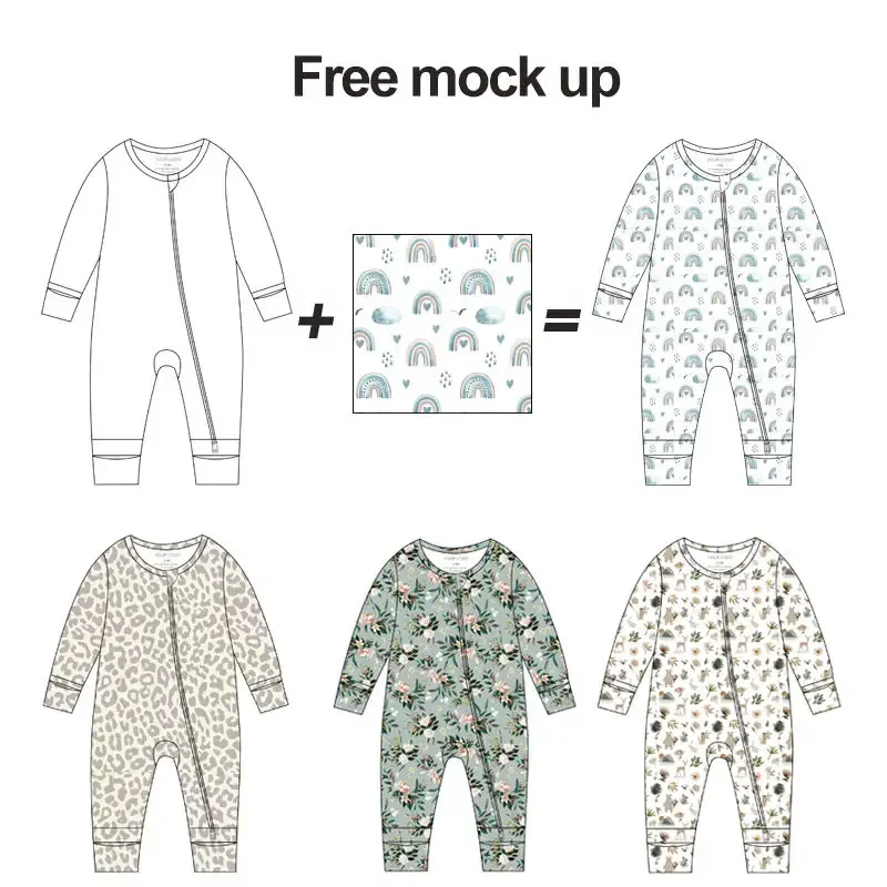 Wholesale Custom Printed Baby Clothes Bamboo Fiber Viscose Spandex Baby Romper Zipper Designers Label Logo Boutique Clothing