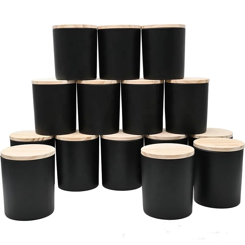Custom Luxury Black  7 oz 220ml Empty Glass Candle Vessel Jars with Wooden Bamboo Lids for Candle Making
