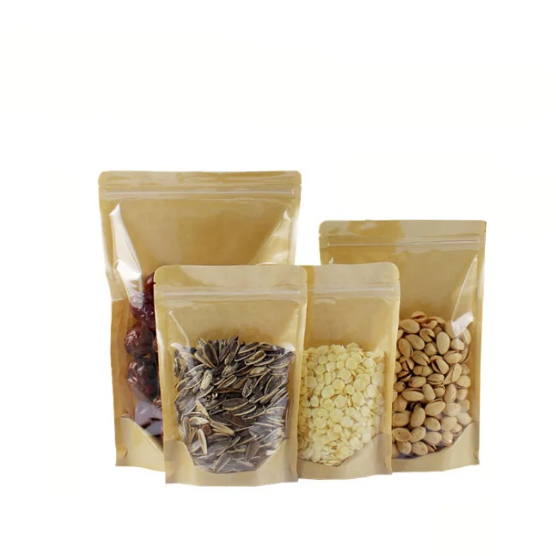 В наличии и на заказ Перезаправляемые пакеты с застежкой-молнией для упаковки продуктов прозрачные передние из крафтовой бумаги