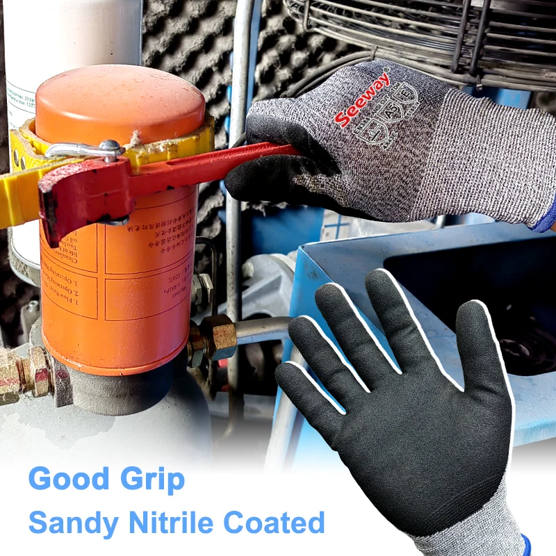 Seeway ANSI A5 Cutting Gloves with Sandy Nitrile Coated Level A5 Cut Resistant Work Gloves Enhanced Liquid Grip