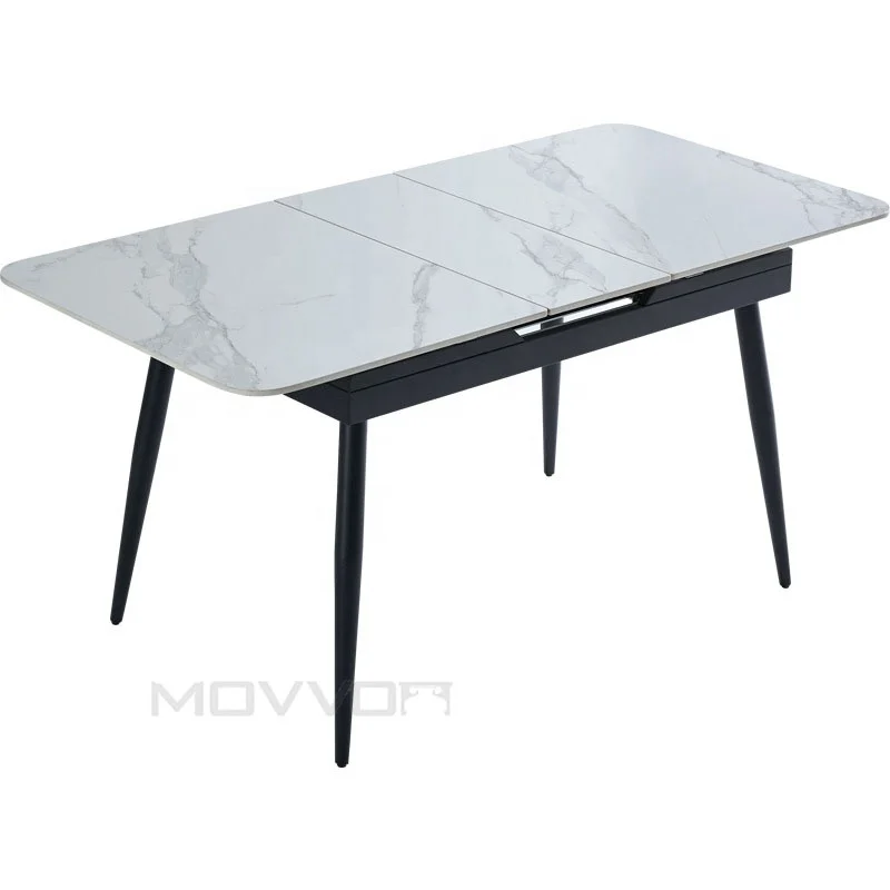 Metal Feet Glass Top Extendable Dining Table Imported Ceramic Cheap Strong Modern Home Furniture Dinning Room Dinner Table 10pcs