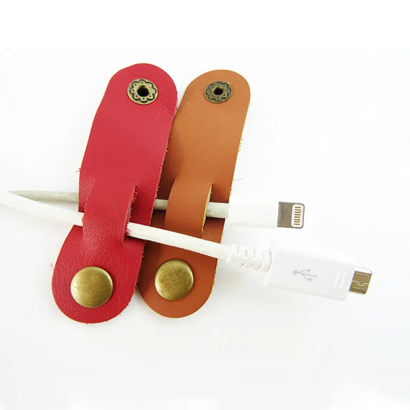 Logo Earphone Leather Cable Ties USB Charger Wire Cord Clips Desk Organizer Winder Wrap Straps Headphone Holder Office Storage