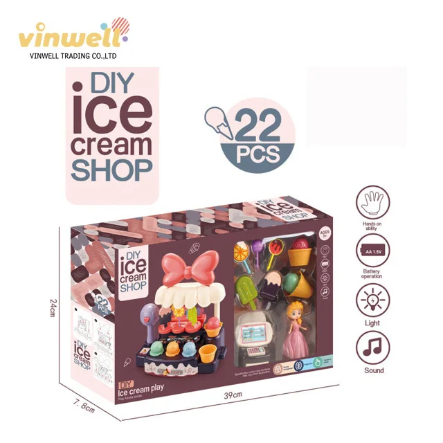 22PCS DIY Ice cream shop pretend play fashion Princess cash register sound&light supermarket toy set for girls