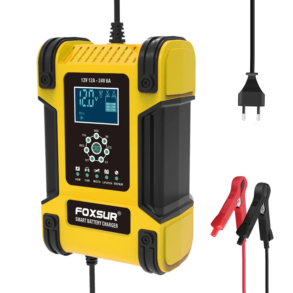 Universal 12V 24V Car Battery Charger 7-stage Fast Charge LiFePo4 Gel AGM Wet Lead Acid Battery Charger