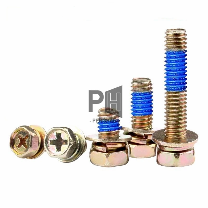 Colored Zinc Cross Hex Head  M3 M4 Adhesive Anti-Loose Three-Combination Screws with Flat and Spring Washer Nylon Blue Patch