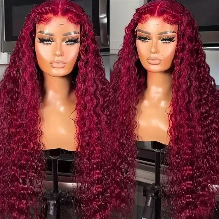 Transparent Lace Water Curly 13X4 Lace Front Wig 180% Density Red Burgundy Human Hair Wig 99J Color Wigs Human Hair Lace Front