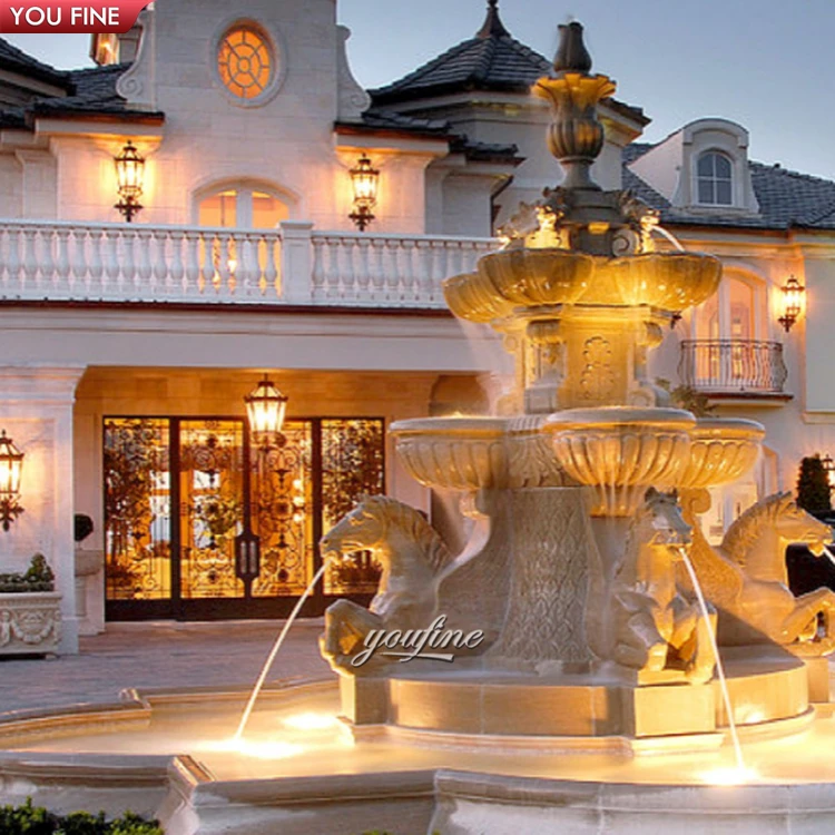 Modern Outdoor Large Natural Stone Marble Garden Water Fall Fountain with Horse Sculpture