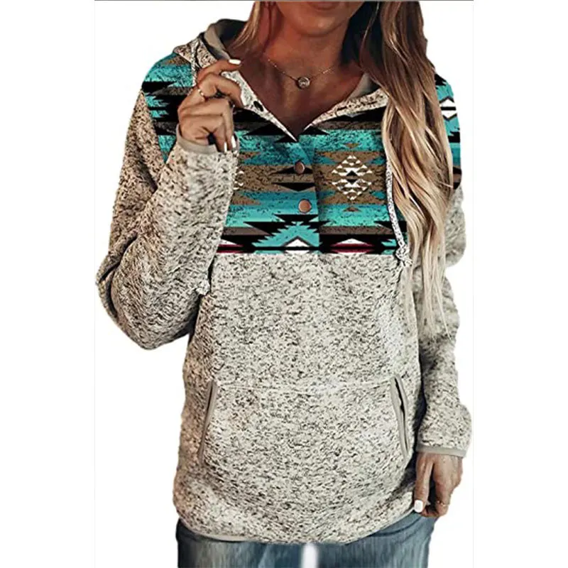 
Hooded Aztec Splicing Hoodie Kangaroo Pocket Buttons Pullover 