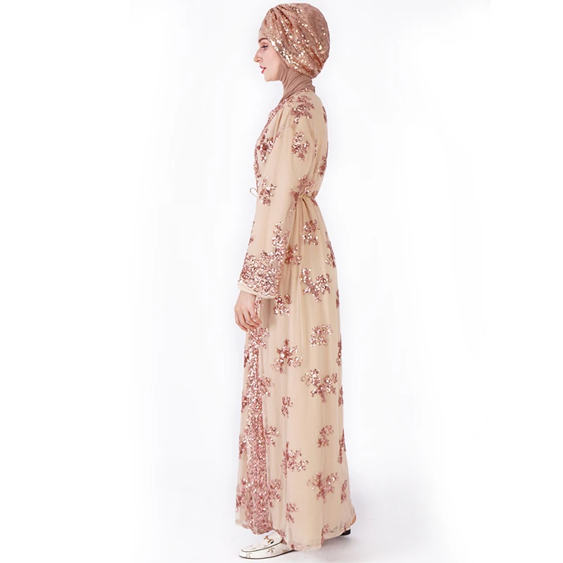 Floral Sequin Abaya Kimono Cardigan Hijab Muslim Dress Turkish Islamic Clothing Abayas For Women Kaftan Robe Islam Caftan XYL212