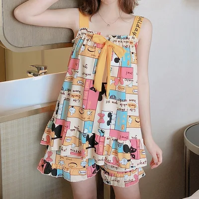 korean Thin sexy two piece sleepwear Sleeveless Sling Pajama Cute sweet girls sleepwear pajamas girls sleepwear