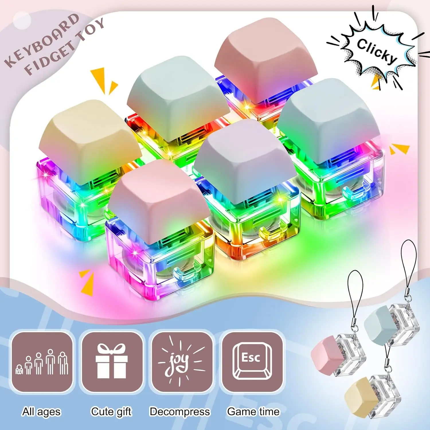 6pcs Keyboard Fidget Keychain with LED Light Keyboard Decompressiion Toys Fidget Button for Adult Gifts to Pass the Time