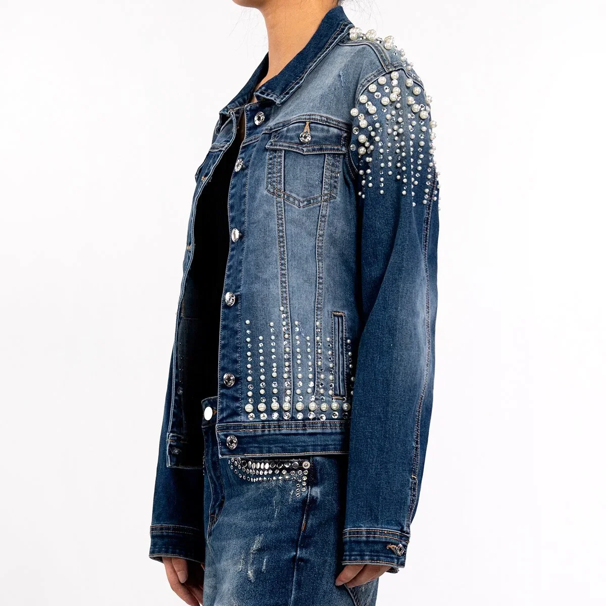 Custom Women Navy Blue Heavy Duty Pearl Rhinestone Long Sleeve Lapel Jean Jacket