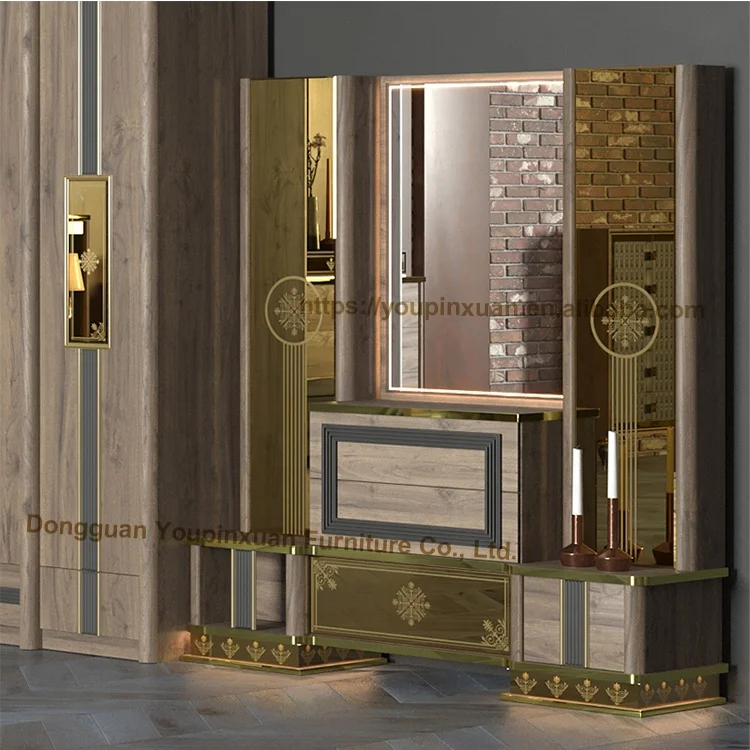 
Turkish Style Luxury King Queen Size 6 Pieces Golden Bedroom Furniture Master Bedroom Set 