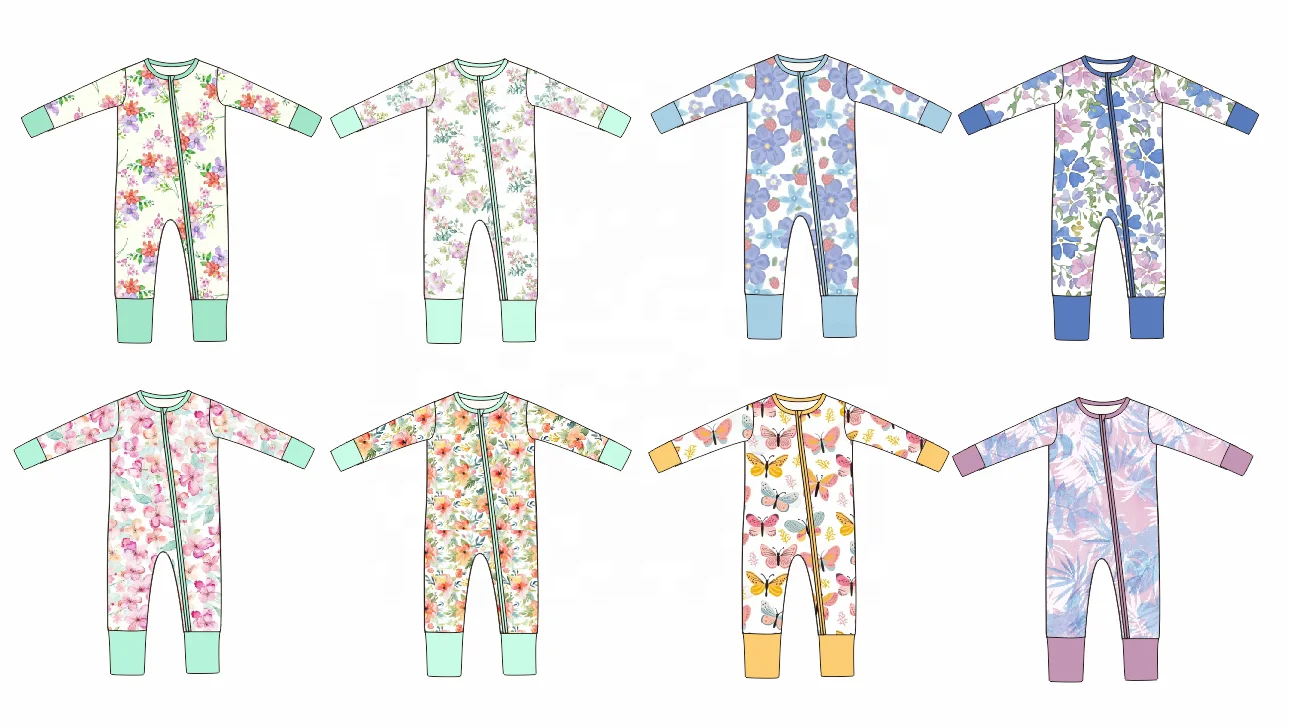 Custom Bamboo Baby Zipper Romper Boy Breathable Infant Long Sleeve Flowers Pattern BabyToddler Clothes for 0-24 Months NB Babies