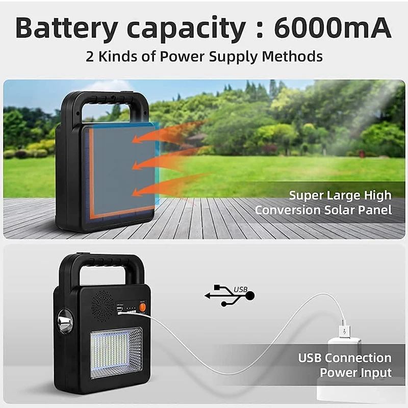 USB Rechargeable 6000mAh Power Bank 6000LM 5 Lights Modes Emergency Solar COB LED Camping Lantern with Speaker