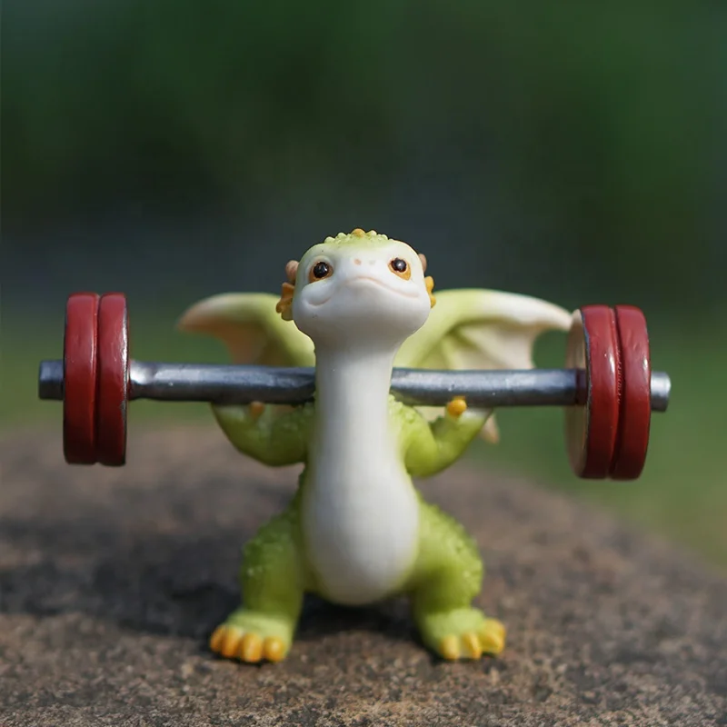 Z17183A Home Decor Cartoon Adorable Weightlifting Dinsaur Figurine Green Sport Dragon resin Statue