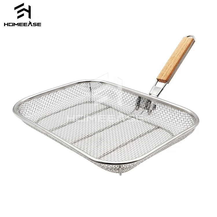 Square lock securely chiken folding handle non-stick bbq mesh grill tool grilling basket for fish