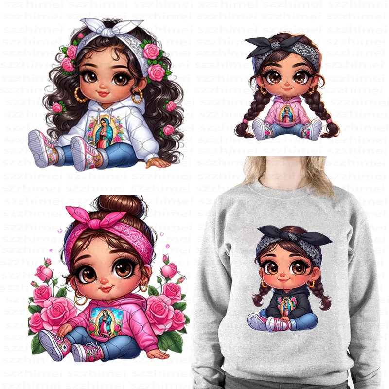 Cute Chibi Chicano Chicano Latina Mexican Honduras Puerto Rican Virgin Mary Dtf Heat Transfers Iron On Stickers for T Shirts