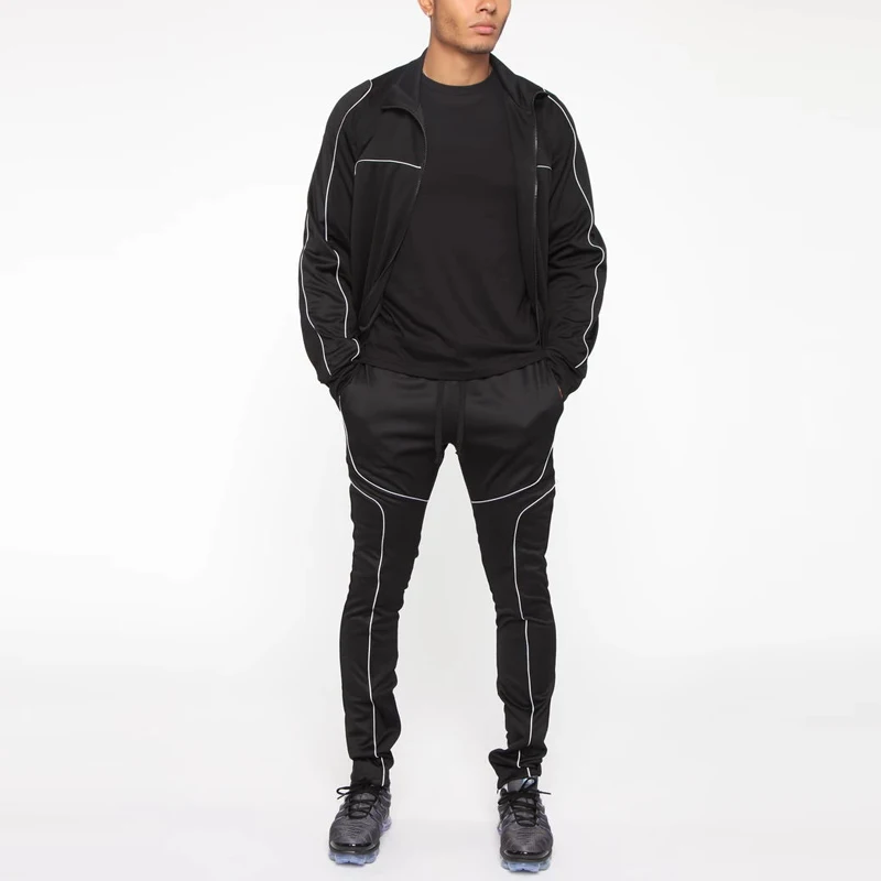 
New fashion design custom logo polyester reflective sweatsuit piping details men sportswear tracksuits 