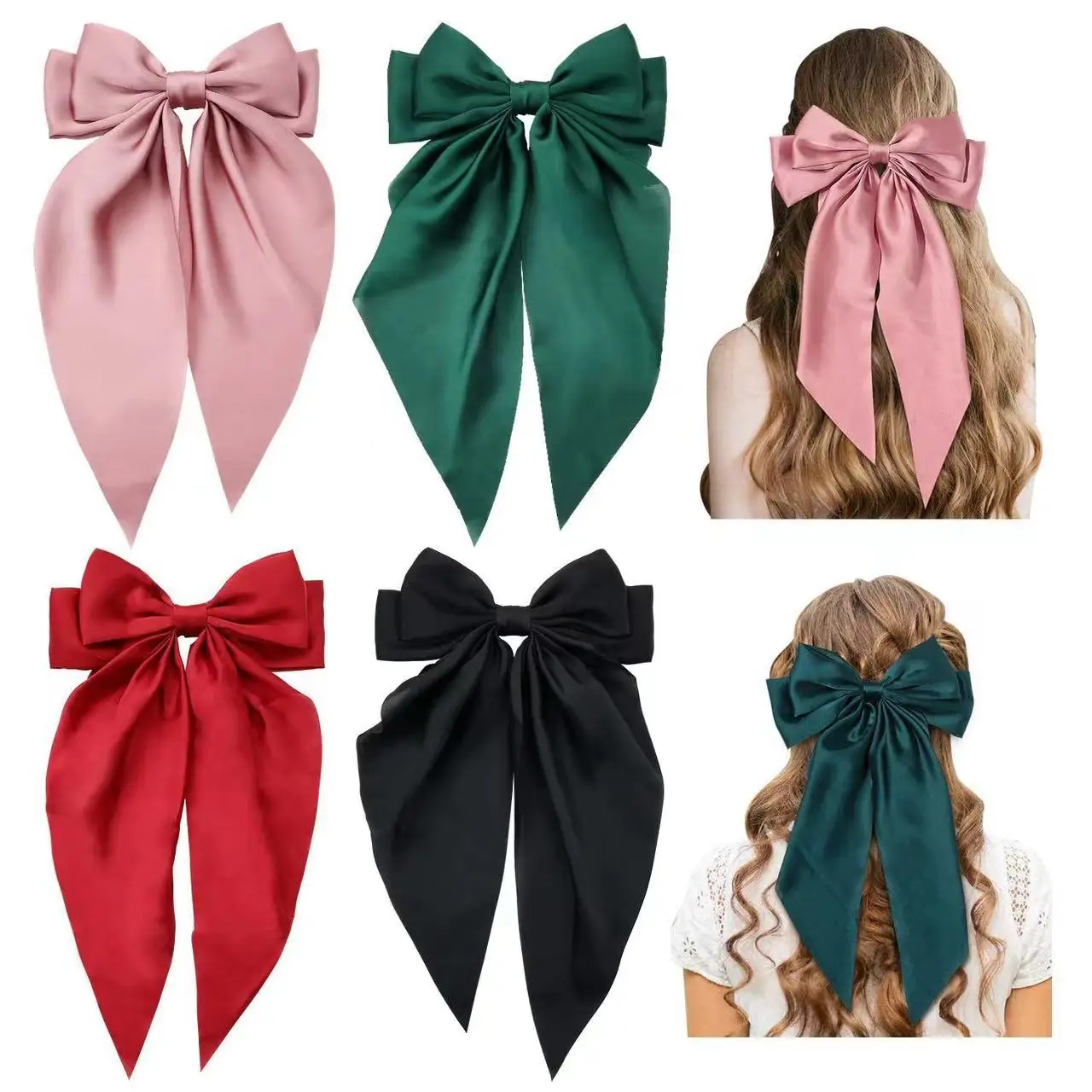 Hot selling Long satin butterfly streamer red hair clips back head temperament spring clip hair accessories For Women