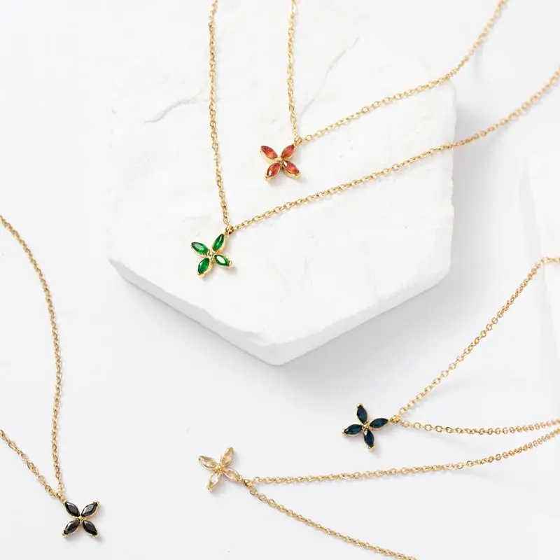 Best Seller Four Leaves Clover 14K Real Gold Plated Pendant Stainless Steel Colorful Zircon Necklace