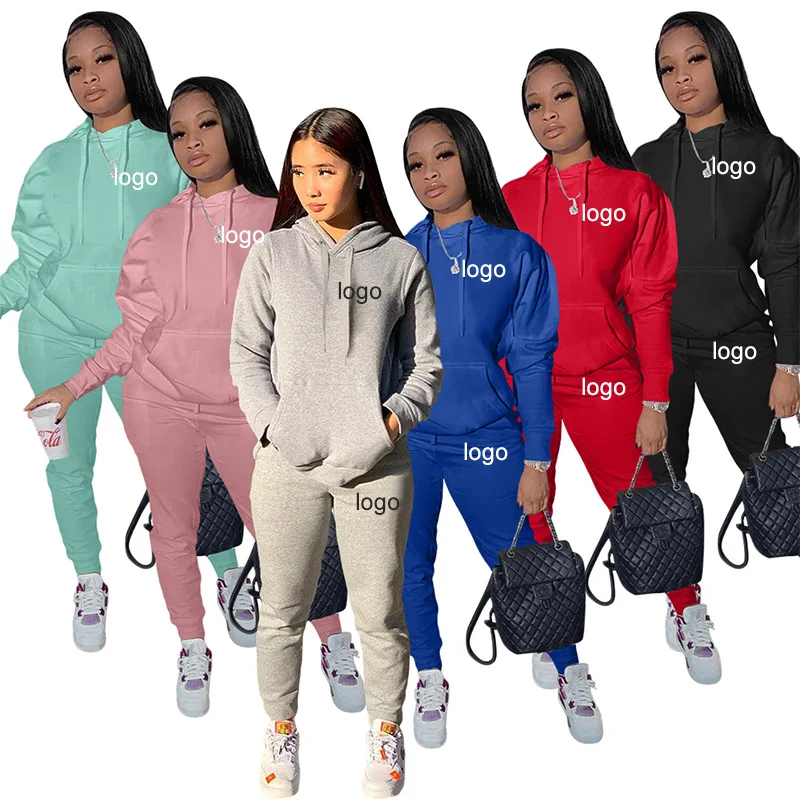 Customized Logo Women Fashion Solid Color Hoodie With Pocket Casual Two Piece Sports Set