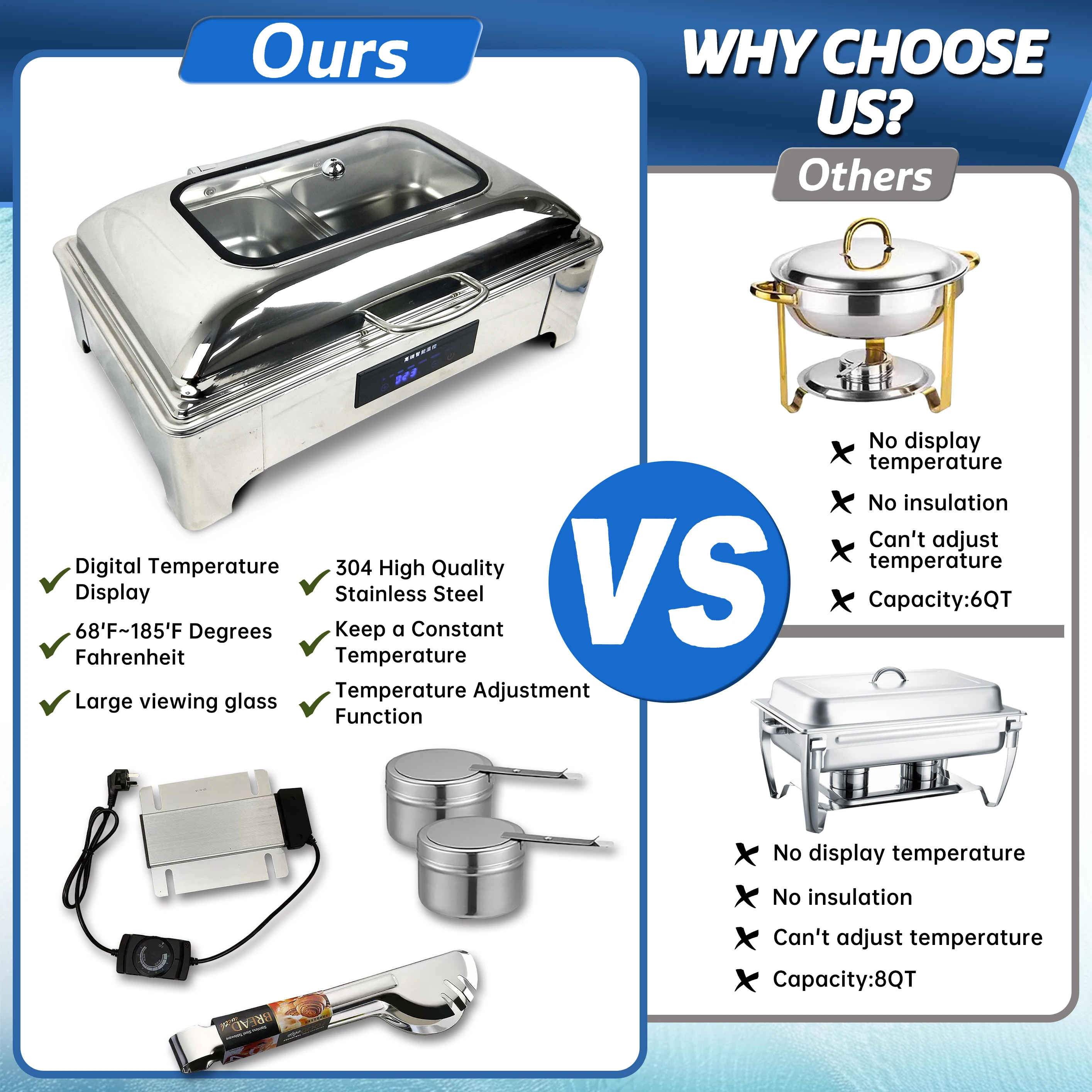 YITIAN High Quality Rectangular Stainless Steel Chaffing Dishes Electric Chafing Dish Food Warmer Catering Equipment For Hotel