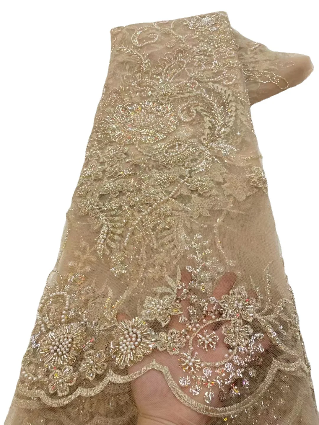 Foreign trade bead tube sequin embroidered wedding dress fabric spot beaded bridal lace fabric for wedding evening dress