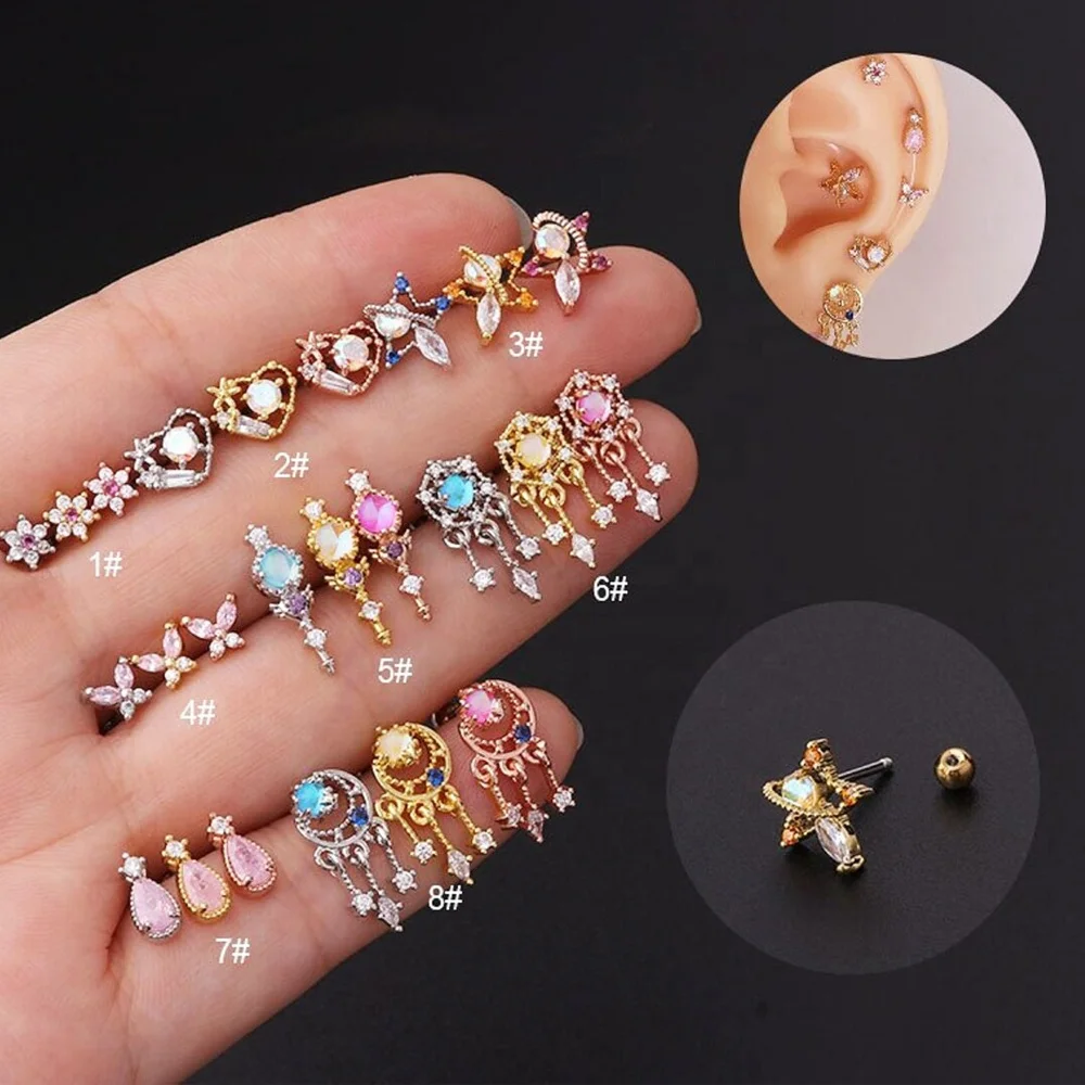 20G Stainless Steel Colorful CZ Cartilage Earrings Flower Butterfly Moon Stud Earring Pierce Helix Jewelry Tragus Piercing