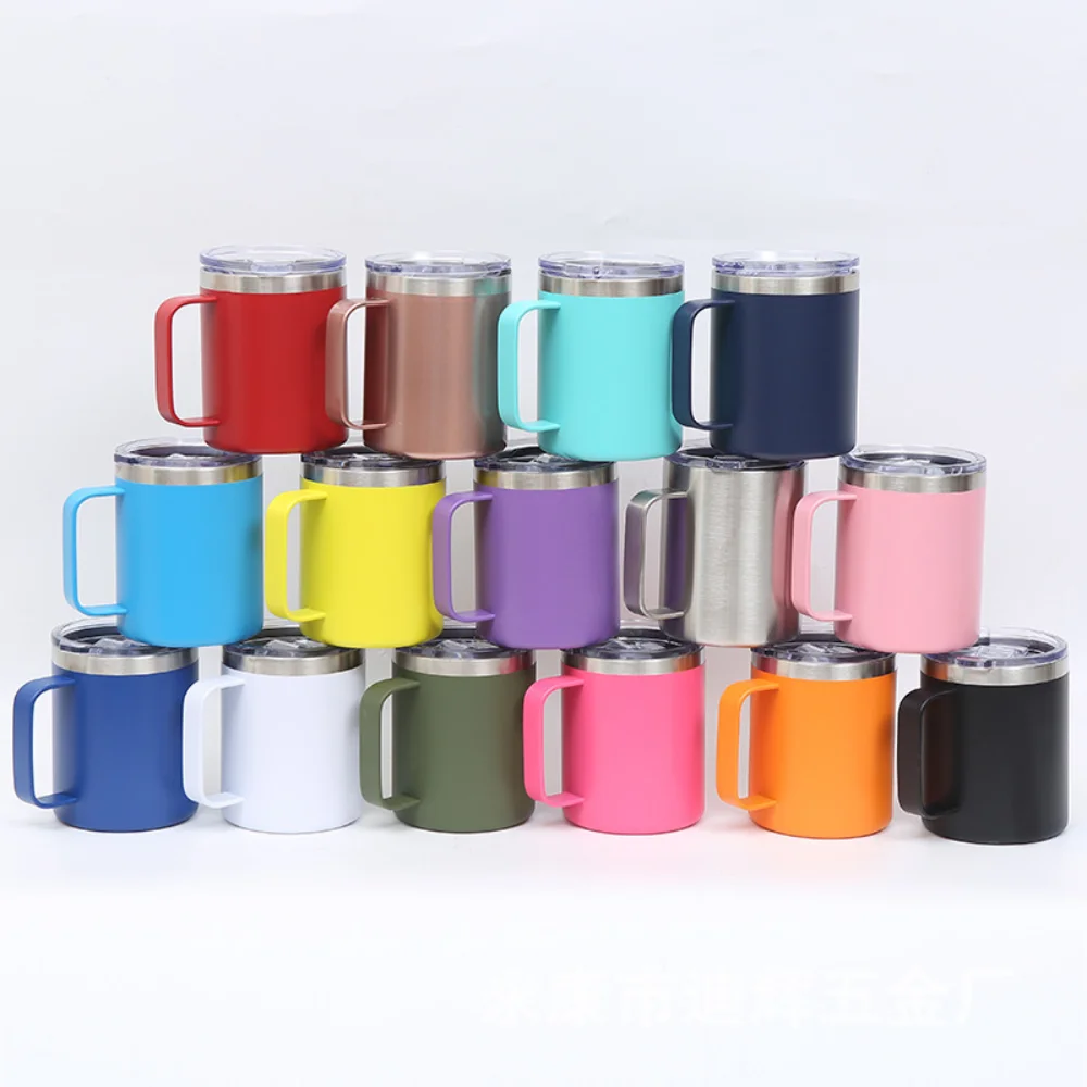 Custom Logo 12 oz Powder Coated Insulated Stainless Steel Coffee Mugs Handle Double Wall Vacuum Tumbler Cup With Lid
