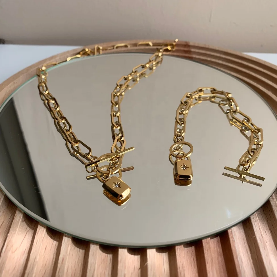 Stainless Steel Bar Circle Eight Pointed Star Bracelet Necklace Square Medallion Paper Clip Chain Necklaces Women Jewelry Set