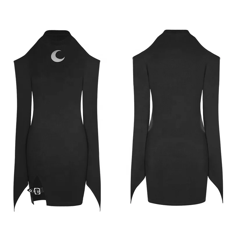 PUNK RAVE Latest Women Gothic Fancy Tight Sexy Strapless Dress OPQ-304 With Moon Pattern And Long Sleeve Dress