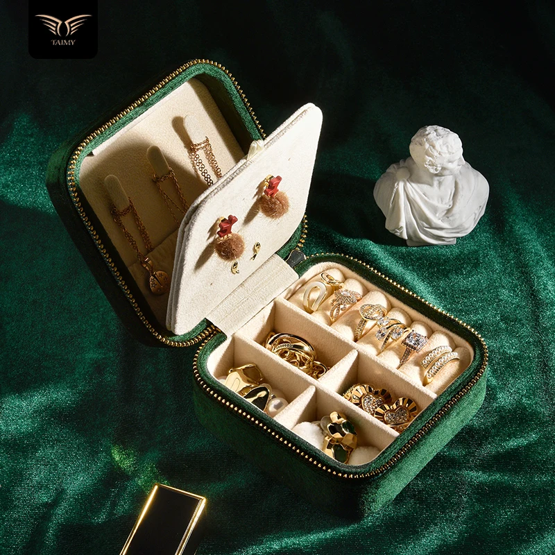 Low MOQ wholesale square shaped zipper lock portable bracelet earring necklace ring boxes velvet jewelry packaging storage box
