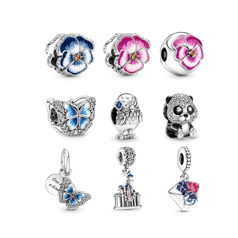 2022 Spring Pansy Series Clip Castle Pendant S925 Sterling Silver DIY Gift Cute Panda Chick Charm Fit Bracelet Jewelry