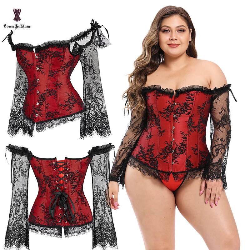 6 Row Busk Embroidered Floral Boned Bustier Overbust Lace Up Bodice Lingerie Red Corset Tops For Women With Sleeves Plus Size