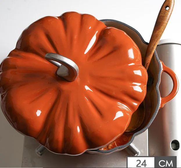 2024 Classic Design Cast Iron Casserole Cookware Home Kitchen Pumpkin Shaped Soup & Stock Pots Stew Commercial Restaurant Use