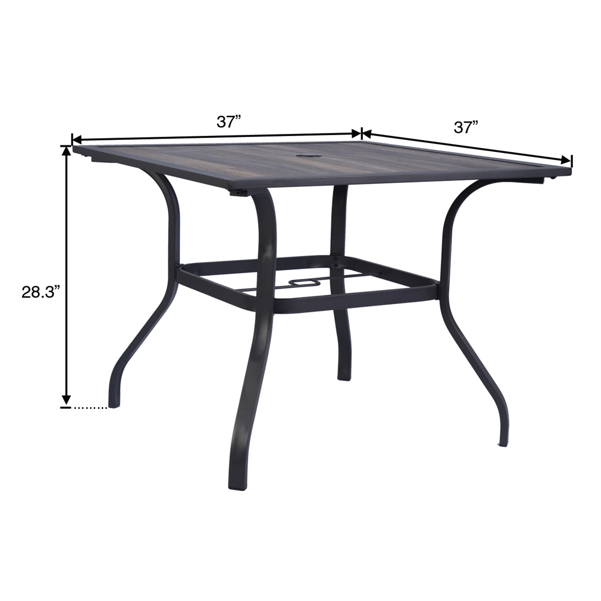 Retro and Fashionable Dining Table Square Steel with Wooden-Like Top and Umbrella Hole Outdoor Furniture