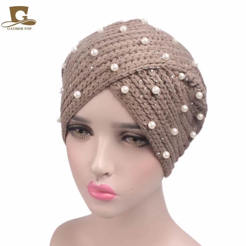 Fashion Women Pearled Beanie knitted Turban Cross Style Bohemian knitted Beanie India Style Knitting  Beanie CapTJM-85A