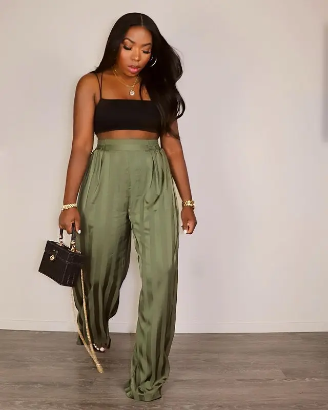 Fashion Trend Casual Satin Stripe Jacquard Full Length Trousers Woman Wide Leg Plus Size Pants