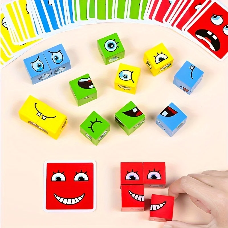 Early Education Wooden Puzzle Board Game Changing Face Building Blocks for Children Parent-Child Interactive Educational Toy