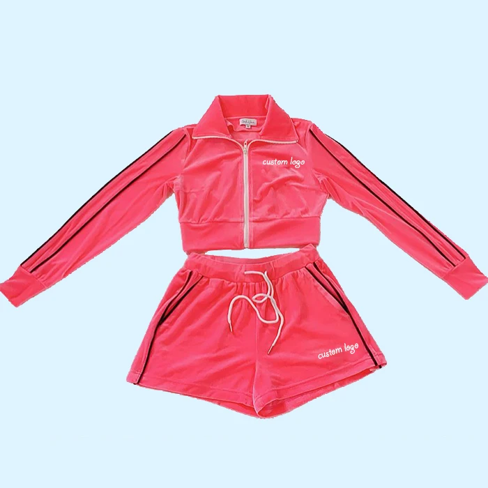 huilin custom cropped velour tracksuit zip through womens tracksuits 2 piece set blank shorts sets tracksuit outfits for women
