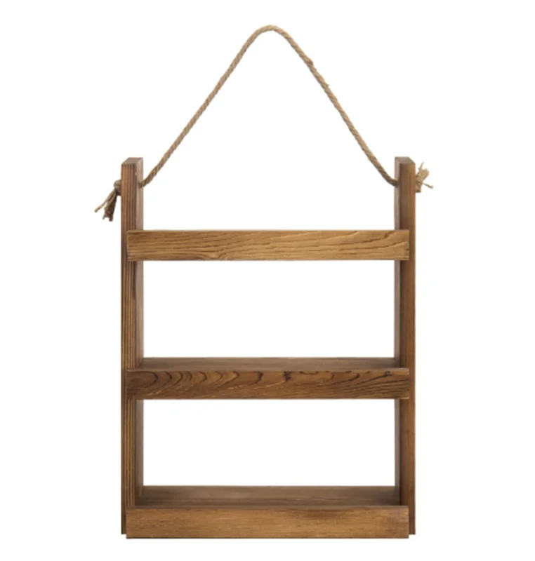 3 Tier Shabby Chic Dark Brown Wood Ladder Style Bathroom or Kitchen Wall Hanging Storage Shelf Rack with Rustic Rope